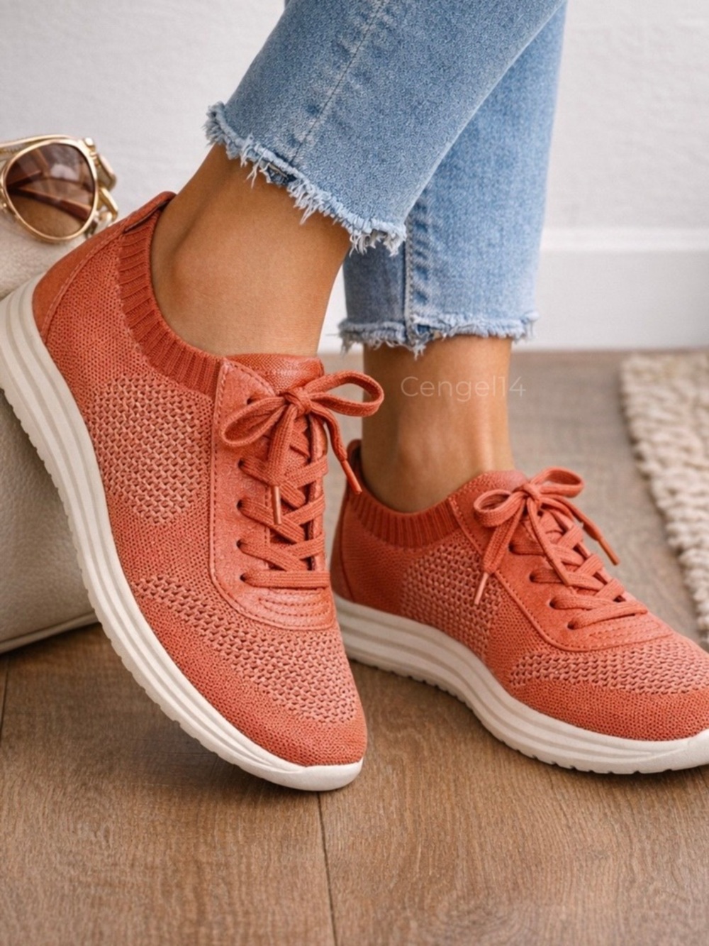 Sofft Novella Knit Leather Sneakers Mango Coral Orange 9